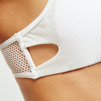 White ribbed zip front sporty bikini top